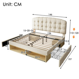 URBAN MEUBLE Velvet Metal Wood Series Double Bed with Storage Drawers 197x146x110-120cm - thumbnail 5