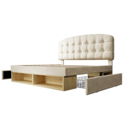 URBAN MEUBLE Velvet Metal Wood Series Double Bed with Storage Drawers 197x146x110-120cm - thumbnail 1