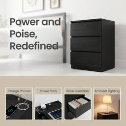 JOYFURNOS Nightstand with Charging Station, Bedside Table, Side End Table with 3 Drawers, for Bedroom, Black - thumbnail 5