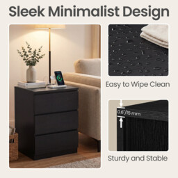 JOYFURNOS Nightstand with Charging Station, Bedside Table, Side End Table with 3 Drawers, for Bedroom, Black - thumbnail 4
