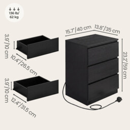 JOYFURNOS Nightstand with Charging Station, Bedside Table, Side End Table with 3 Drawers, for Bedroom, Black - thumbnail 3