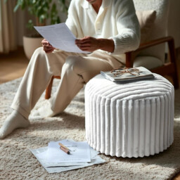 Round Footstool Bean Bag, Faux Fur Pouffe with Foam Chunk Filling, Pouf Ottoman Stuffed Round for Foot Rest, Dressing Table Stool, 38x50 cm Footstool for Couch and living room, White - thumbnail 6