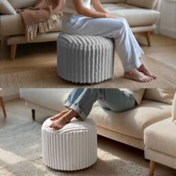 Round Footstool Bean Bag, Faux Fur Pouffe with Foam Chunk Filling, Pouf Ottoman Stuffed Round for Foot Rest, Dressing Table Stool, 38x50 cm Footstool for Couch and living room, White - thumbnail 7
