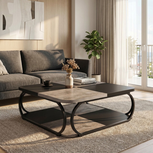 LANTINE Square Coffee Table for Living Room, 100 x 100 x 50 cm, Living Room Table, Wood, Industrial Coffee Table for Living Room, Black Rustic Grey - image 1