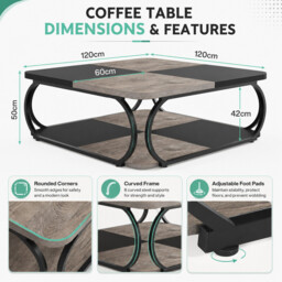 LANTINE Square Coffee Table for Living Room, 100 x 100 x 50 cm, Living Room Table, Wood, Industrial Coffee Table for Living Room, Black Rustic Grey - thumbnail 6