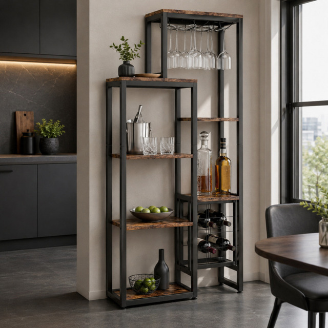 LANTINE Wine Rack, Freestanding Base, 5-Tier Wine Baker Rack with Glass Holder & Wine Storage, Industrial Wine Rack, Wine Bar Cabinet, for Bar, Kitchen, Dining Room (Rustic Brown, 1 Piece) - image 1