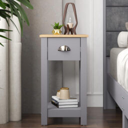 Galano Lilly Bedside Table - Slim Side Table with Storage, Organizer and Cabinet for Bedroom, Hallway or Entryway – Cool Grey/Beaufort Oak - thumbnail 2
