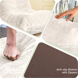 URBAN MEUBLE Luxury Silver Thread Chenille Bean Bag Lazy Sofa Beige 90x100x80cm - thumbnail 4