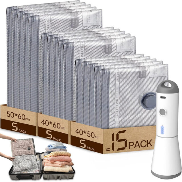HOMOH Vacuum Bags for Clothes with Wireless Vacuum Pump, Pack of 15 (5 x 40 x 50 cm, 5 x 40 x 60 cm, 5 x 50 x 60 cm), Reusable Vacuum Bags for Travel, Duvets, Moving, Bed Linen - image 1