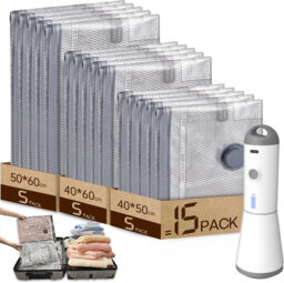 HOMOH Vacuum Bags for Clothes with Wireless Vacuum Pump, Pack of 15 (5 x 40 x 50 cm, 5 x 40 x 60 cm, 5 x 50 x 60 cm), Reusable Vacuum Bags for Travel, Duvets, Moving, Bed Linen - thumbnail 1
