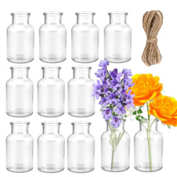 12pcs/10.5cm 4.1in Small Glass Vases, Pack of 12 Mini Glass Vases, 125ml Small Bottles with Jute Cord, Flower Vase, Table Vases, for Table, Decoration, Centrepieces, Home, Birthdays, Festivals - thumbnail 4
