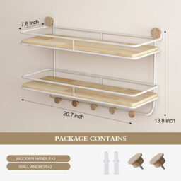 KAPANOU 2 Tier Floating Shelves with Coat Hooks Rail， Wall Mounted Natural Wood Grain Shelf for Bathroom， Bedroom， Living Room (White), New Year Sale , Top gift picks - thumbnail 4