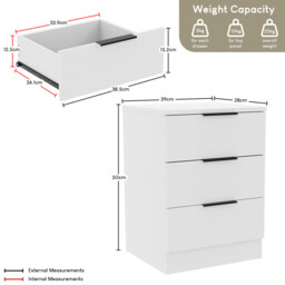 Vida Designs Bedside Table Trega 3 Drawers White - thumbnail 7