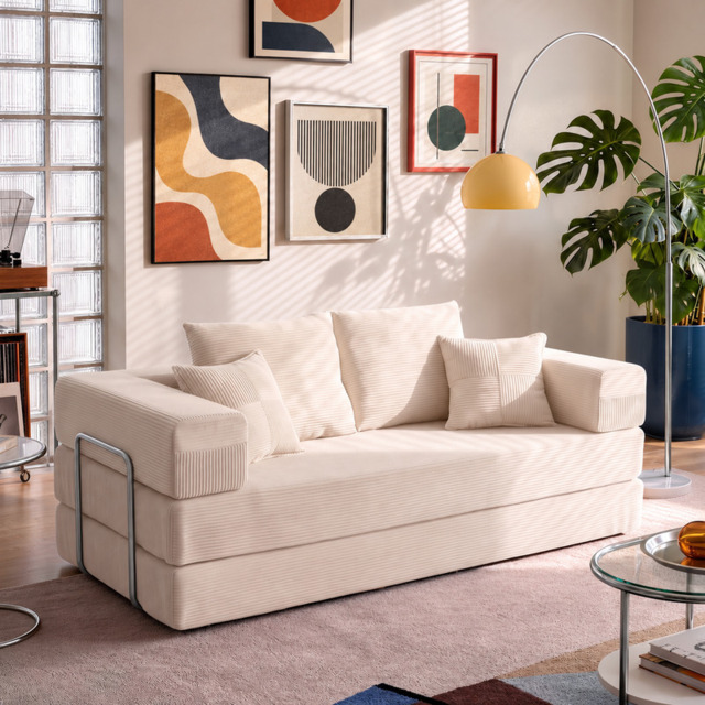YINIX Compressed Convertible Sleeper Sofa, 62/78-inch Folding Floor Couch, 4-in-1 Memory Foam Futon with Back Support Pillows and Track Arms, Living Room Use Cream White 160cm - image 1