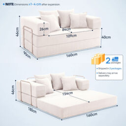 YINIX Compressed Convertible Sleeper Sofa, 62/78-inch Folding Floor Couch, 4-in-1 Memory Foam Futon with Back Support Pillows and Track Arms, Living Room Use Cream White 160cm - thumbnail 6