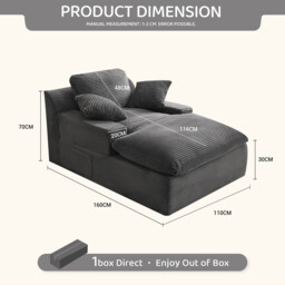160 cm Chaise Lounge Chair, Boneless Couch, Set of Sofabed Floor Lounge Sofa with Movable Pillows & Side Pockets, Cloud Couch with Armrests for Living Room, No Assembly Required, Grey - thumbnail 5