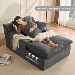 160 cm Chaise Lounge Chair, Boneless Couch, Set of Sofabed Floor Lounge Sofa with Movable Pillows & Side Pockets, Cloud Couch with Armrests for Living Room, No Assembly Required, Grey - thumbnail 6