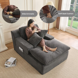 160 cm Chaise Lounge Chair, Boneless Couch, Set of Sofabed Floor Lounge Sofa with Movable Pillows & Side Pockets, Cloud Couch with Armrests for Living Room, No Assembly Required, Grey - thumbnail 3