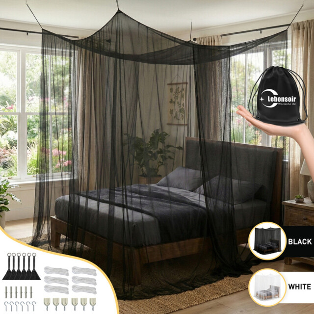 LeBonsoir Four-Sided Bed Mosquito Net, Mosquito Net/Bed Tent/Bed Curtain/Bed Cover/Bed Screen, Rectangular Outdoor Mosquito Net for Camping/Home/Outdoor/Travel, with 6 Hanging Rings and 2 Openings (Black, L200 x W180 x H180 cm) - image 1