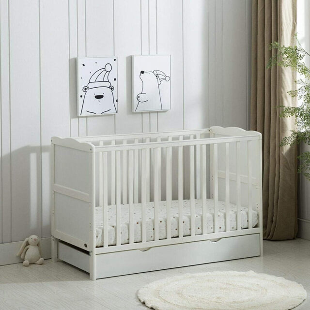 MCC Direct White Wooden Orlando Baby Cot Bed and Rollaway Drawer and Aloe Vera Water Repellent Mattress (Cream White)