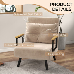 HOMCOM Sofa Bed 1 Seater with Cushion Velvet Effect Cream - thumbnail 6