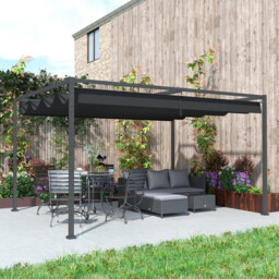 Outsunny 4 x 3(m) Metal Outdoor Pergola with Retractable Roof, Outdoor Gazebo Canopy Shelter with Drainage Holes for Garden, Patio, Lawn, Black - thumbnail 3