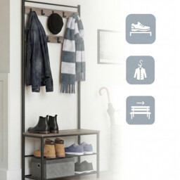 Ochama Coat Rack, Hall Tree with Shoe Storage Bench, 32 x 70 x 177 cm, Industrial, Greige and Black - thumbnail 3