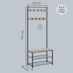 Ochama Coat Rack, Hall Tree with Shoe Storage Bench, 32 x 70 x 177 cm, Industrial, Greige and Black - thumbnail 5