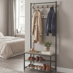 Ochama Coat Rack, Hall Tree with Shoe Storage Bench, 32 x 70 x 177 cm, Industrial, Greige and Black - thumbnail 2