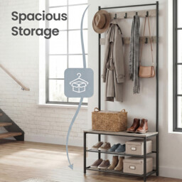 Ochama Coat Rack, Hall Tree with Shoe Storage Bench, 32 x 70 x 177 cm, Industrial, Greige and Black - thumbnail 4