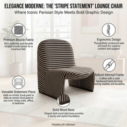 URBAN MEUBLE Retro Series Armless Lounge Chair - Black & White Striped Fabric, 63*78*67cm (1 Piece) - thumbnail 2