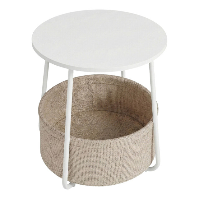 Ochama Round Modern Side Table with Fabric Basket –45x45x51cm, Matte White & Camel Brown, Compact End Table for Living Room or Bedroom – Stylish & Storage-Friendly - image 1