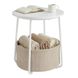 Ochama Round Modern Side Table with Fabric Basket –45x45x51cm， Matte White & Camel Brown, Compact End Table for Living Room or Bedroom – Stylish & Storage-Friendly - thumbnail 5