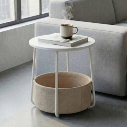 Ochama Round Modern Side Table with Fabric Basket –45x45x51cm， Matte White & Camel Brown, Compact End Table for Living Room or Bedroom – Stylish & Storage-Friendly - thumbnail 6