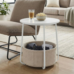 Ochama Round Modern Side Table with Fabric Basket –45x45x51cm， Matte White & Camel Brown, Compact End Table for Living Room or Bedroom – Stylish & Storage-Friendly - thumbnail 3