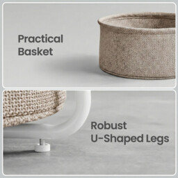 Ochama Round Modern Side Table with Fabric Basket –45x45x51cm， Matte White & Camel Brown, Compact End Table for Living Room or Bedroom – Stylish & Storage-Friendly - thumbnail 4
