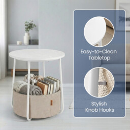Ochama Round Modern Side Table with Fabric Basket –45x45x51cm， Matte White & Camel Brown, Compact End Table for Living Room or Bedroom – Stylish & Storage-Friendly - thumbnail 2