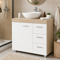Ochama  Bathroom Storage Unit with Drawers, Under Sink Cabinet with Compartments and Feet, for Pedestal Basins, White and Beige - thumbnail 7