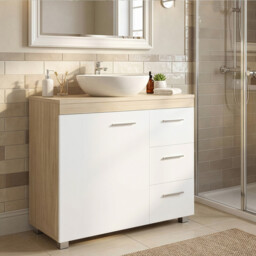 Ochama  Bathroom Storage Unit with Drawers, Under Sink Cabinet with Compartments and Feet, for Pedestal Basins, White and Beige - thumbnail 5