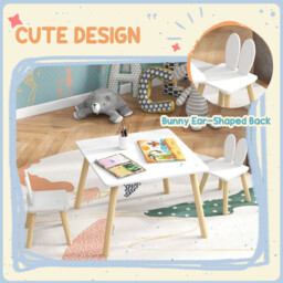 AIYAPLAY 3 Pieces Toddler Table and Chair Set, Kids Desk and 2 Chairs Set with Cute Bunny Ear Backrest, Wooden Legs, for Nursery, Playroom, Classroom - White - thumbnail 6