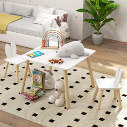 AIYAPLAY 3 Pieces Toddler Table and Chair Set, Kids Desk and 2 Chairs Set with Cute Bunny Ear Backrest, Wooden Legs, for Nursery, Playroom, Classroom - White - thumbnail 5