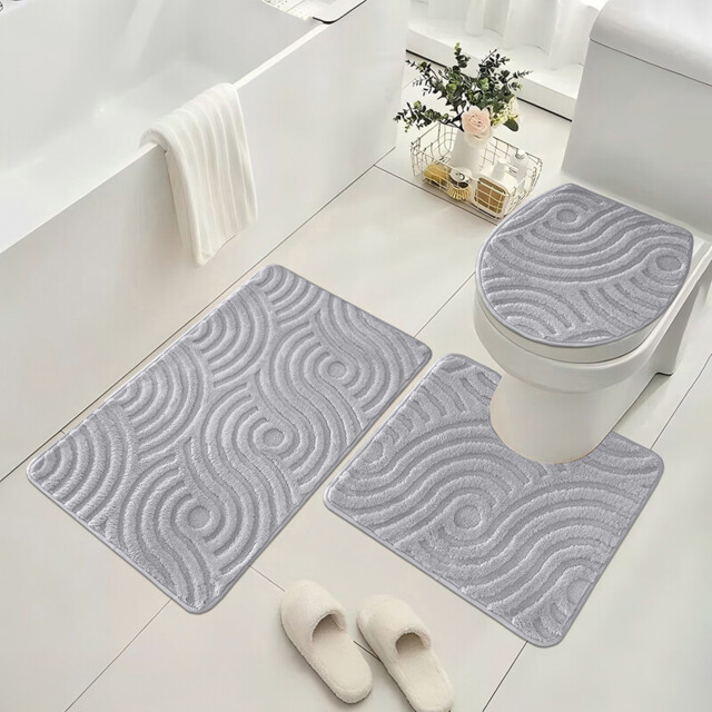 Soft Bathroom Carpet 3 Piece Bathroom Rugs and Mats Set Bath Mats Set with U-Shaped Toilet Floor Mat Rugs andToilet Lid Cover Mat,Wavy gray - image 1