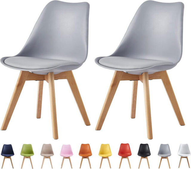 mcc direct Set of 2 Dining Chairs Wooden Legs Soft Cushion Pad Stylish Retro Lounge Dining Office EVA (Grey)