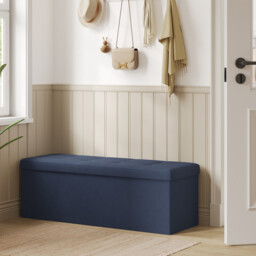 Ochama Storage Ottoman, Foldable Velvet Storage Bench, 2 Extra Storage Boxes, 38 x 110 x 38 cm, for Hallway, Living Room, Bedroom, Dark Blue - thumbnail 2