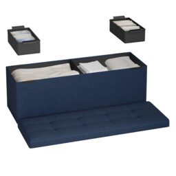 Ochama Storage Ottoman, Foldable Velvet Storage Bench, 2 Extra Storage Boxes, 38 x 110 x 38 cm, for Hallway, Living Room, Bedroom, Dark Blue - thumbnail 6