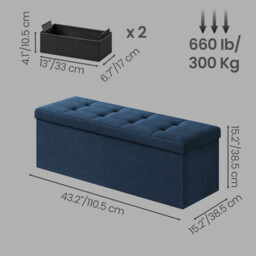 Ochama Storage Ottoman, Foldable Velvet Storage Bench, 2 Extra Storage Boxes, 38 x 110 x 38 cm, for Hallway, Living Room, Bedroom, Dark Blue - thumbnail 4