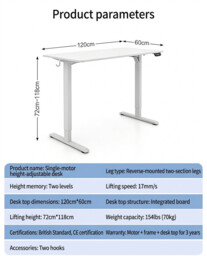 Ochama Electric Standing Desk, White, 120*60 cm, Full Board Top, 2-Level Memory Height, 70 kg Load Capacity, UK Standard & CE Certified, Eco-Friendly, for Office, Study & Gaming - thumbnail 7