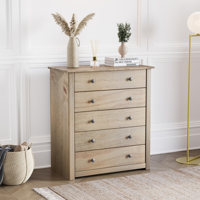 Vida Designs Drawer Chest Panama Solid Pine 5 Drawers Natural Oak