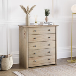 Vida Designs Drawer Chest Panama Solid Pine 5 Drawers Natural Oak