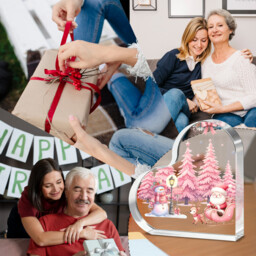 "Alphynix 1pc Heart Shaped Acrylic Plaque, Christmas Decor with ""Merry Christmas"" Sign, Pink Santa Sled and Snowman Design, Festive Tabletop Decoration for Holiday Season, Christmas Gift for Family and Friends" - thumbnail 6